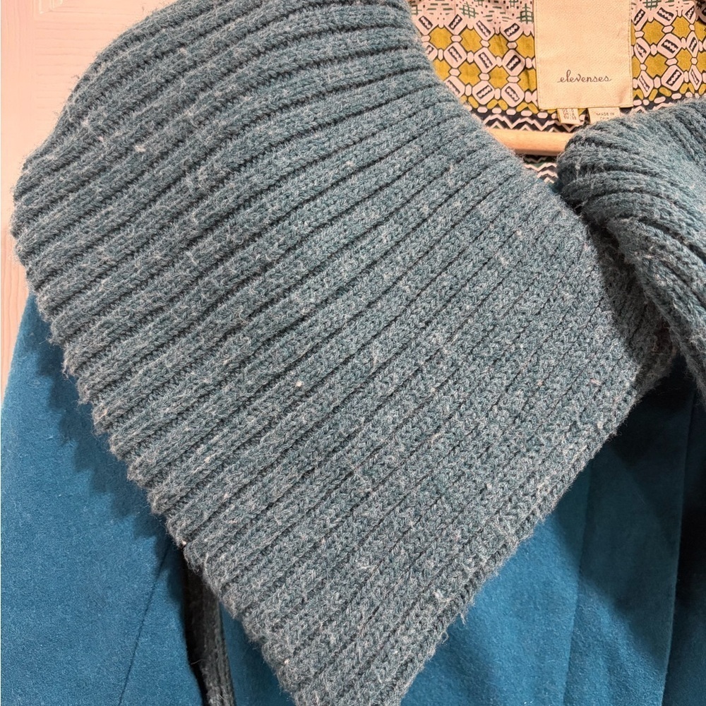 Anthropologie Elevenses Teal Coat Ribbed Collar Belt Wool Blend Boho - Picture 6 of 15